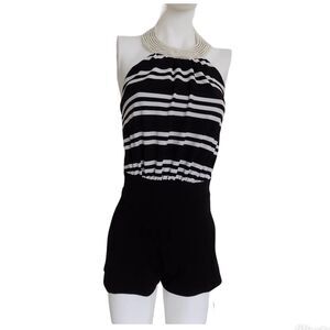 Love Culture shorts romper halter black white pearls size Small